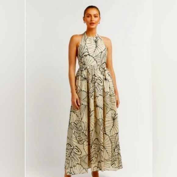 DISSH Dresses & Skirts - DISSH Malta Black Palm Linen Halter Dress